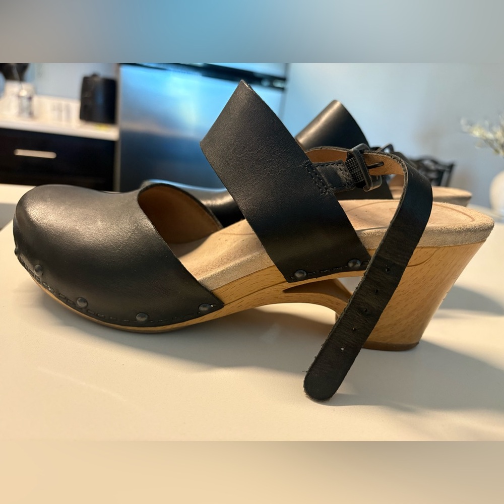 Dansko Black Leather Mules with Tan Wooden Heel